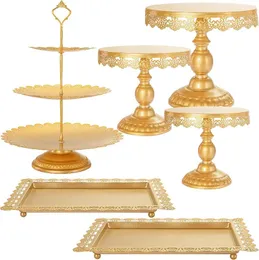 Bakeware Tools 6st Cake Stand Set Gold White Metal Crystal Dessert Display Pedestal Cupcake Standard Wedding Party Square Candy