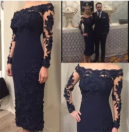 Navy Blue Plus Size Mother Of The Bride Dresses Sheath Long Sleeves Prom Robe Appliques Beaded Tea Length Groom Mother Dresses Eve8154218