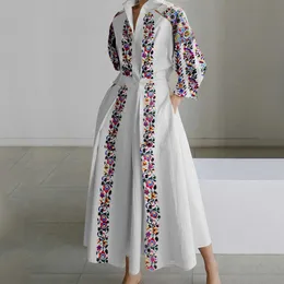 Chic Midi Shirts Dress Womens Flower Print Pockets Dresses Vintage Ladies Button Turndown Slim Waist Belt A-line Dress Elegant