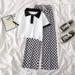 Clothing Sets Girls' Junior Summer Suit Children's Checkerboard Trousers+Short sleeved T-shirt 2-piece wide leg pants 3-12Y