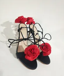 2023 Leder-Sandalen aus Schafsleder, Stiletto-High-Heels, Diamant, Sommer, schmales Band, einzeilig, runder Peep-Toe, offene Zehen, Rose Flower, schmales Band zum Schnüren, Größe 34–44