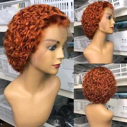 Pixie Cut Lace Front Human Hair Poster Ginger Orange Curly Kolor Wstępnie wybielone węzły Krótki Bob 13x4 180% Brazylijska Remy