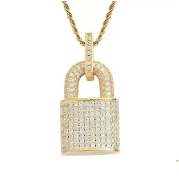 Pendant Necklaces Bling Diamond Cubic Zircon Lock Necklace Hip Hop Jewelry Set 18K Gold Padlock Stainless Steel Chain Fashion For Wo Dhafl