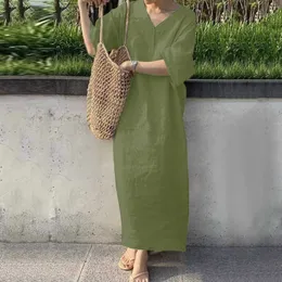 Loose Beach Long Dress Womens Solid V Neck Dress Sundress Elegant Oversize Robe Vintage Pockets Beach Retro Swing Dress Vestidos