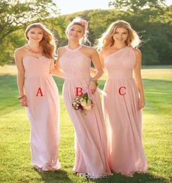 2019 New Blush Pink Cheap Chiffon Bridesmaid Dresses Halter Neck Floor Length Plets Maid of Honor Dress