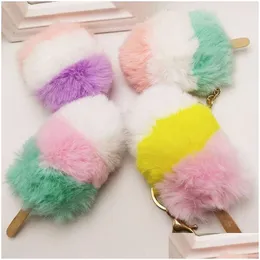 Anahtar halkalar sevimli dondurma saç topu top anahtar çanta çanta kolye, kadınlar için sahte kürk ponpon zincirleri ring moda peluş pom poms damla teslimat j dhvuf