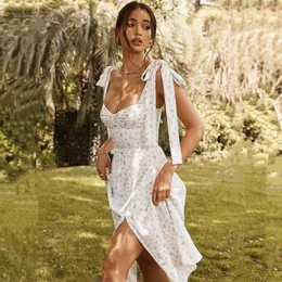 Grundläggande casual klänningar blommor tryck knutband split lår cami klänning sommar vit ärmlös v-ringning rygglös strandklänning kvinnor slip klänning robe femme 230531