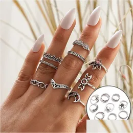 Band Rings 9Pcs / Set Boho Midi Finger Set per le donne Punk Moon Flower Hollow Out Sliver Color Knuckle Joint Jewelry Gift Anelli Drop Dhop4