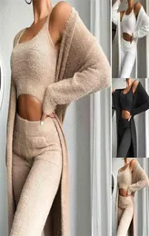 WOEMN Teddy Lounge Wear Set Women 3 Piece Tracksuits Fleece Pyjamas Sets Female Nightwear Cardigan Sleepwear Sexy Lingerie 2108093193053