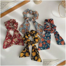 Hårgummiband Floral Print Scrunchies Elastic Vintage Bow Knutt Rope Diy Ponytail Hoder slips Tillbehör Drop Leverans smycken DHQ1R