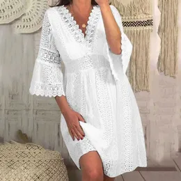 Vestido branco das mulheres verão cor sólida manga alargamento vestidos ocos de cintura alta casual elegante senhora boho vestidos de verão