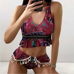 2023 Nowe letnie kobiety 2PCS Boho Swimsuit Bikini Zestaw retro drukowane w dekolcie w dekolcie z Tassels Bathing Kącian