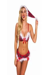 Women Christmas Hat Bra and Panty Set Red Plaid Sexy Seductive Bikini Swimsuit Costume Lingerie with White Fuzzy Trim and Satin Bo9438095