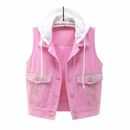 Vests NEW Women Detachable Hooded Denim Vest Waistcoat Spring Autumn Sleeveless Jeans Jackets Pink White Lace Pocket Short Tops JH133