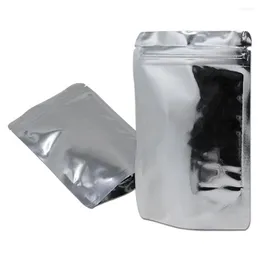 Förvaringspåsar 100 st/lot silver glansig aluminiumfolie stand up väska tårar återanvändbart återvinningsbart matpulver godis torkat fruktkaffe