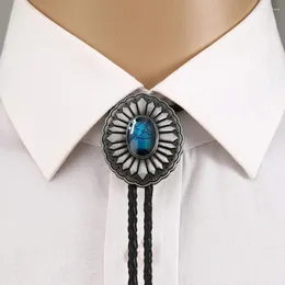 Papillon Vintage Western Bolo Cravatta Blu Pietra Decorativa Fibbia In Metallo Cowboy In Pelle Cravatta Collana Da Uomo Gioielli