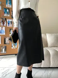 Skirts Spliced PU Leather Skirt For Women Medium And Long Chic Style Office Lady 2023 Spring Elegant Clothing 2R4592