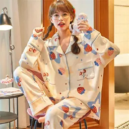 Women's Sleepwear Women Homewear Cute Cherry And Strawberry Print Nightwear Pajama Sets Spring Long Sleeve Pijamas Lounge Wear