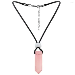Pendant Necklaces TUMBEELLUWA Natural Pink Quartz Hexagonal Pointed Healing Reiki Chakra Necklace Black Wax Cord Unisex Jewelry