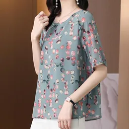 Damenblusen Pullover Blumen Kurzarm Blusas weiblich 2023 Sommerkleidung für Frauen Chiffon Tops Große Größe 4XL Bluse gespleißt grün