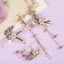 Hårklämmor Purple Bell Orchid -formade stift och kinesiska retro Hanfu -klänningsstyling smycken för kvinnor hängspärlhuvudstycken