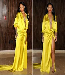Fashion Sexy Yellow Deep V neck Evening Dresses With Slit side Long sleeve Sweep train Red carpet Celebrity Dress Custom made7605709