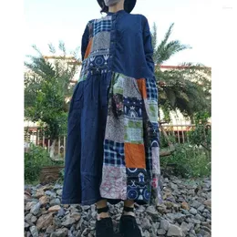 Casual Dresses Patchwork Chinese Style Denim Long Sleeve Loose Cardigan Skirt Dress Women's