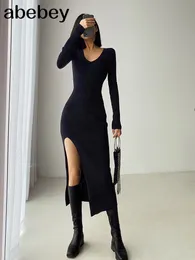 Basic Casual Dresses spring and winter sexy French slit sweater dress female slim tight-fitting hip-knit over-the-knee dresses 230531