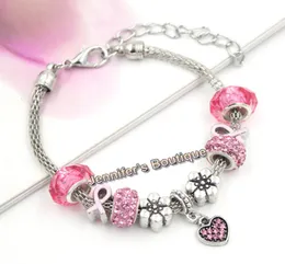 New Arrival European Style Breast Cancer Awareness Jewelry Pink Crystal Heart PDR Charms Pink Ribbon Bracelets for Breast Cancer J9988183