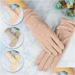 Five Fingers Gloves Women Summer Lace Floral Outdoor Touch Sn Finger Breathable Ladies Cotton Sunsn Nonslip Driving Mittens Drop Del Dhl0H
