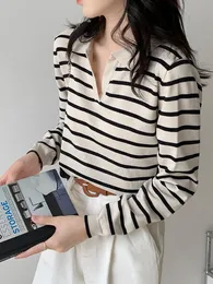Pants Qoerlin Striped Polo Neck Knit Top Ladies Long Sleeve Polo Shirts with Collar 2023 Spring New Classic Tops Ladies Sweeater Shirt