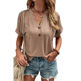 Summer Rolled Short Sleeve V Neck Button T Shirt Women