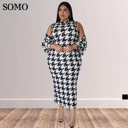 Sets Somo Plus Größe Frauen Kleidung Mode Hahnentritt Druck Rock Outfits Langes Kleid Kurzen Mantel Zwei Stück Set Großhandel Dropshipping