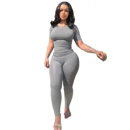 lounge Summer Custom wear women clothing solid knitted ribbed piece set women short sleeves skinny legging pant set WCD