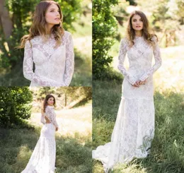 Modest Full Lace Country Wedding Dresses Sheath Jewel Neckline Illusion Long Sleeves Mermaid Open Back Bohemian Garden Bridal Gown1498572