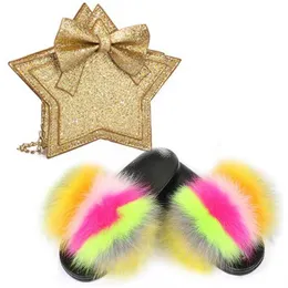 Sandaler Baby Girl Fur Slippers Plush Summer S Leather Bag Little Pentagram Accessories Bow Slides 230417