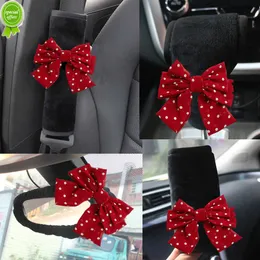 New Cute Red Dot Bowknot Universal Car Gear Shifter Handbrake Cover Mirror Case Plush Seat Belt Pad Women Auto Interior Accessories