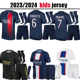 New 23 24 Mbappe Hakimi Soccer Jerseys Vitinha Paris N.Mendes Maillots de Football 2023 2024 Marquinhos Verratti PSGS Kids Kit Shird Uniforms Fabian Sanches Child