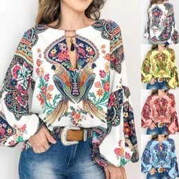 Women's Blouses Women Floral Print Shirts Large Size Lantern Sleeve Boho Blouse Sexy Lace Up Tassel O Neck Tops Spring Summer Chic