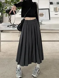 Dresses Houzhou Korean Vintage Pleated Skirt Long Women Autumn Low Rise Preppy Style Casual Aline Midi Skirt for Girls 90s Streetwear