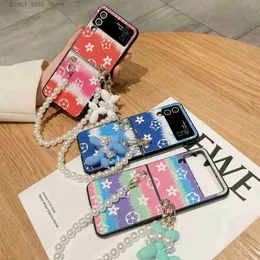 Fashion Pearl Lanyard Handyhüllen für Samsung Galaxy Z Flip 3 4 1 2 Handyhülle ZFlip Old Flower Muster Lederschutz