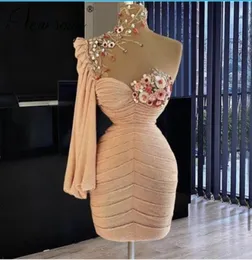 Short Prom Dresses With High Neck Flowers Beads Pick Ups One Shoulder Evening Gowns Custom Made Yong Girls Formal Cocktail Party D2572951