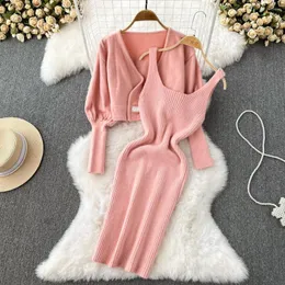 Casual Dresses Girls Fashion Lantern Long Sleeve V-Neck stickad Cardigan Coat and Tank Dress Two Piece Set Bodycon Vest Wrap Hip Women