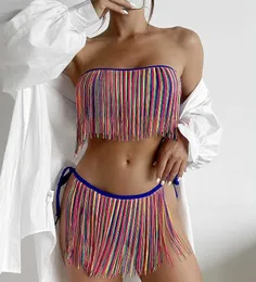 2023 neue frauen 2PCS Bikini Sets Boho Stil Sexy Damen Bunte Quasten Bikini Set Liebsten Bandage Taille Badeanzug bikinis