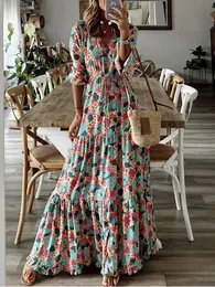 기본 캐주얼 드레스 패션 세련된 V 목 봄 여름 여름 여름 최대 드레스 느슨한 캐주얼 주름 a- 라인 드레스 우아한 꽃 인쇄 여성 반 소매 드레스 230531