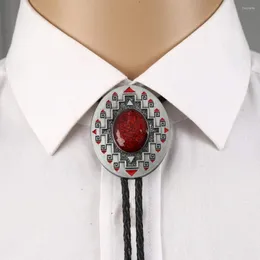 Bow -slipsar handgjorda Western Cowboy Bolo Tie Southwest Ruby Cross Pattern Totem Antique Silver Vintage för kvinnor med röd emalj