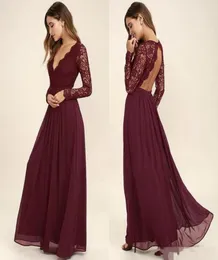 Burgundy Chiffon Bridesmaid Dresses Lace Top Sexy Vneck Long Sleeves Country Backless Beach Wedding Party Dress Cheap Prom Party 27342474