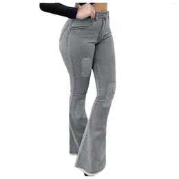 Women's Jeans Womens Color Classic Pants Solid Bell Elastic Waist Pockets Botton Denim Flare Pantalones