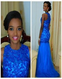 Royal Blue Mermaid Evening Dresses Lace Appliques Beaded Slim Sweep African Style Black Girls Formal Prom Dresses Bridesmaid Party5823950