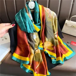 Halsdukar Mode Silke Satin Sjal Wraps För Kvinnor 180 90cm Stor Spring Beach Stoles Foulord Kvinnlig Print Head Scarves Hijab Echarpe